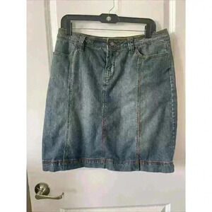 CAbi Denim Skirt Womens Size 8 #482 Medium Stonewash A-Line Stretch gold stitch